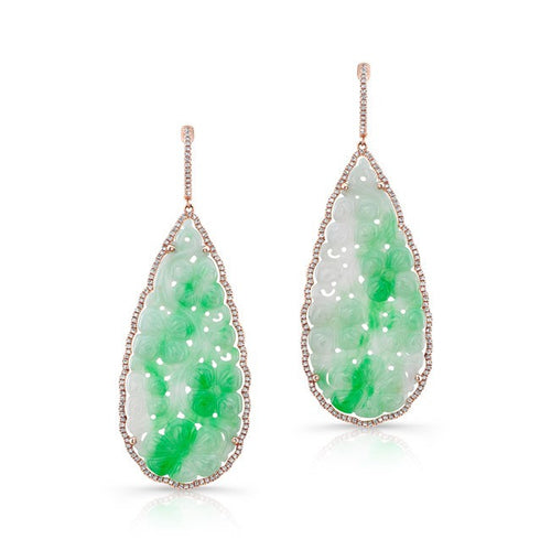 14KT Rose Gold Carved Jade and Diamond Earrings