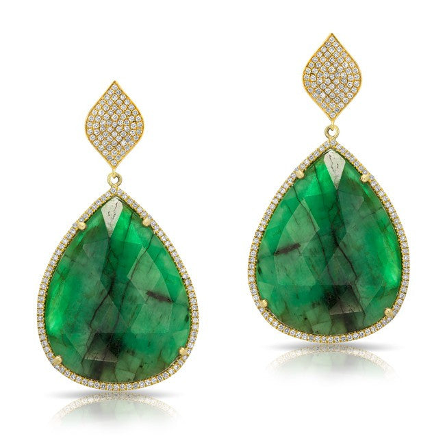 14KT Yellow Gold Emerald Pear Diamond Earrings