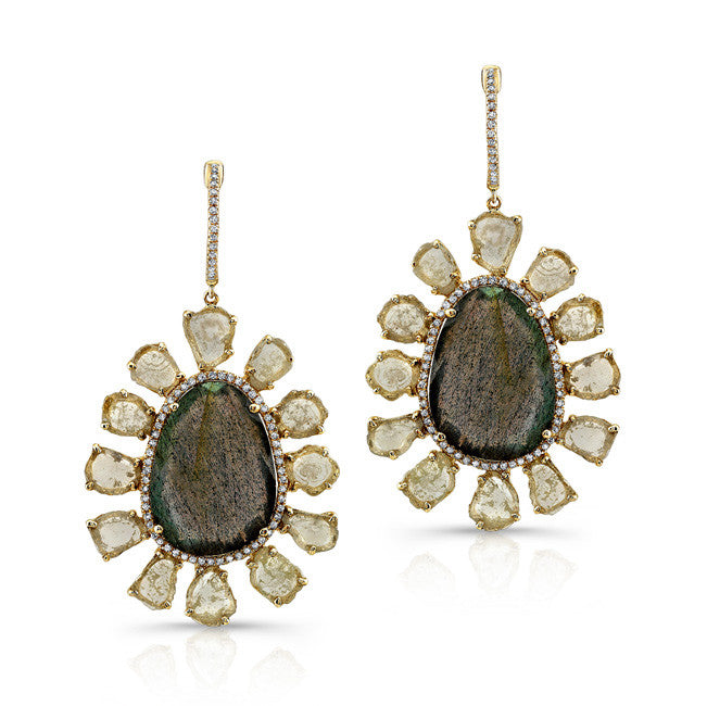 14KT Yellow Gold Diamond Slice and Labradorite Flower Earrings