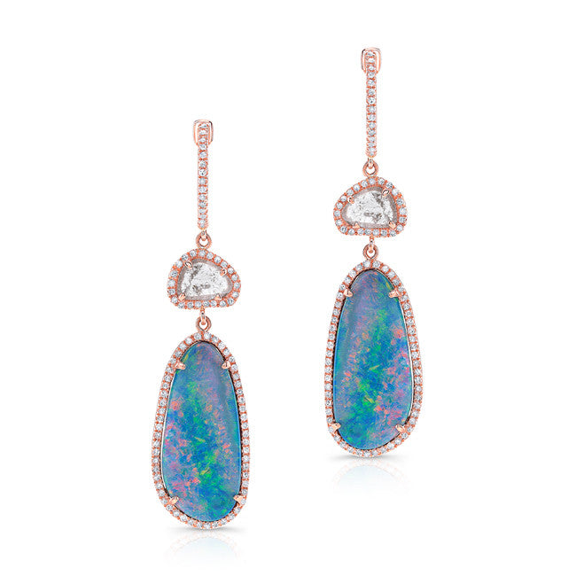 14KT Rose Gold Opal And Diamond Slice Drop Earrings
