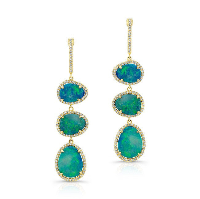 14KT Yellow Gold Opal Diamond Triple Drop Earrings