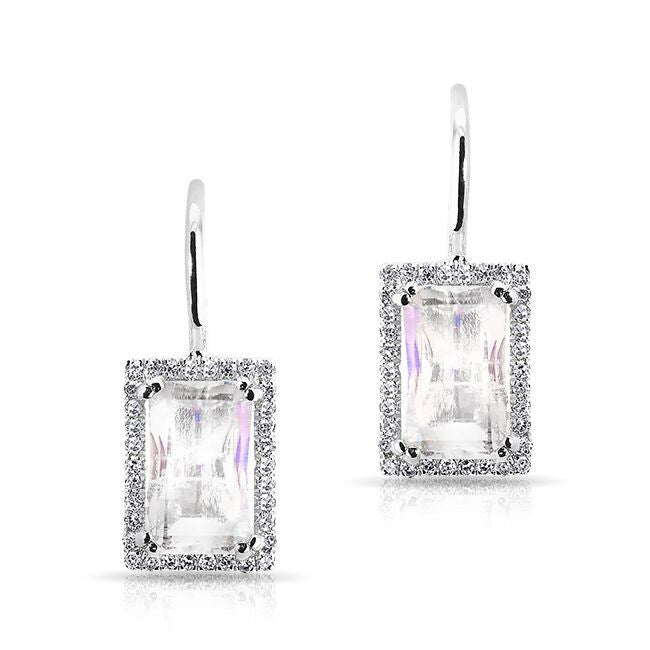 14KT White Gold Rectangle Moonstone Diamond Earrings