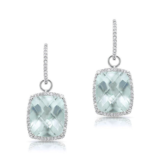 14KT White Gold Aquamarine Diamond Cushion Cut Drop Earrings