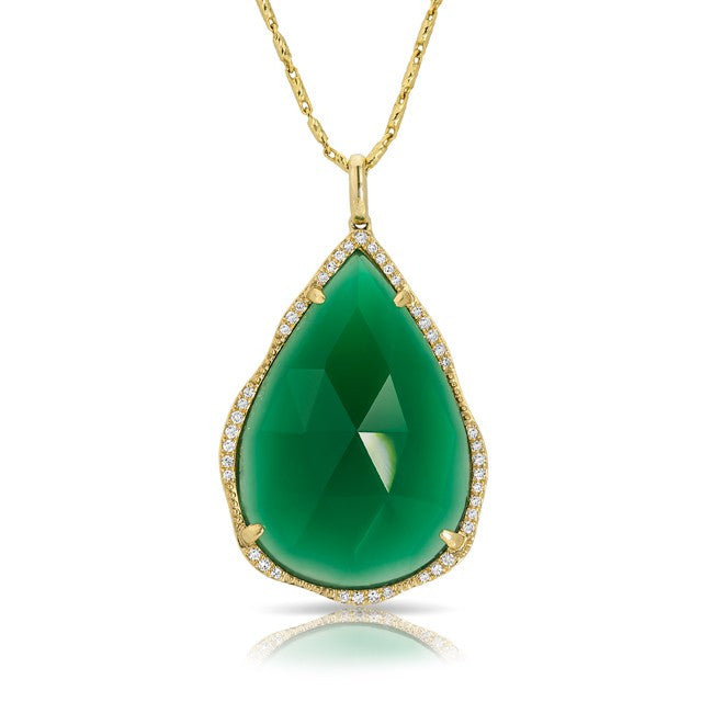 14KT Yellow Gold Green Agate Diamond Pear Pendant Necklace