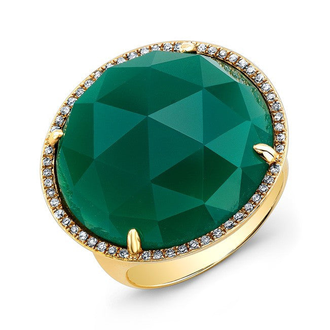 14KT Yellow Gold Green Agate Diamond Cocktail Ring
