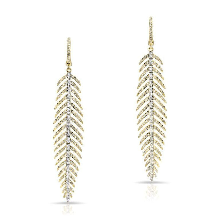 14KT Yellow And White Gold Diamond Feather Earrings