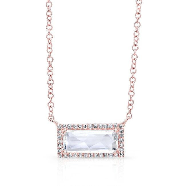 14KT Rose Gold Rectangle White Topaz Diamond Necklace