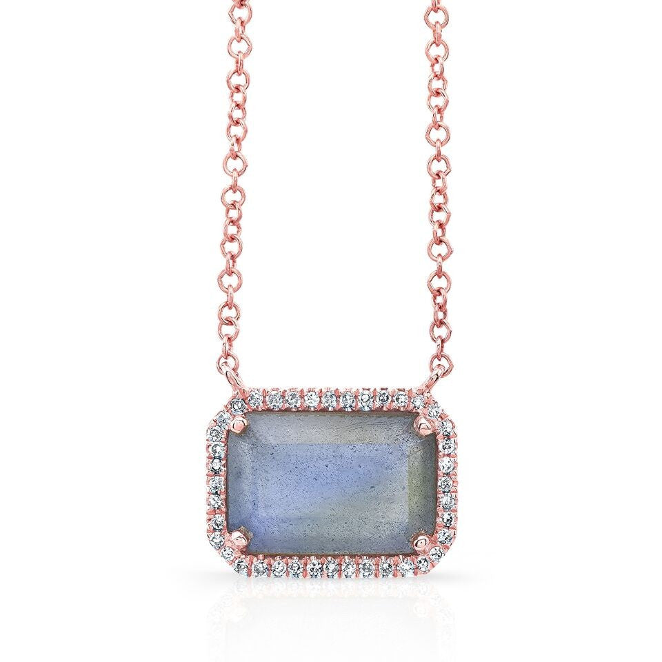 14KT Rose Gold Rectangle Labradorite Diamond Necklace