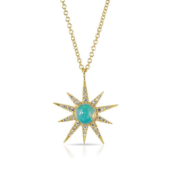 14KT Yellow Gold Opal Diamond Starburst Necklace