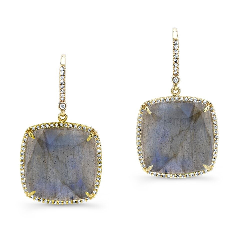 14KT Yellow Gold Labradorite Diamond Cushion Cut Earrings