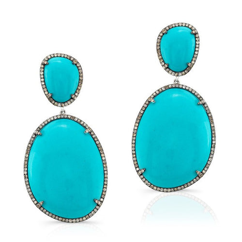 14KT Oxidized White Gold Turquoise and Diamond Earrings