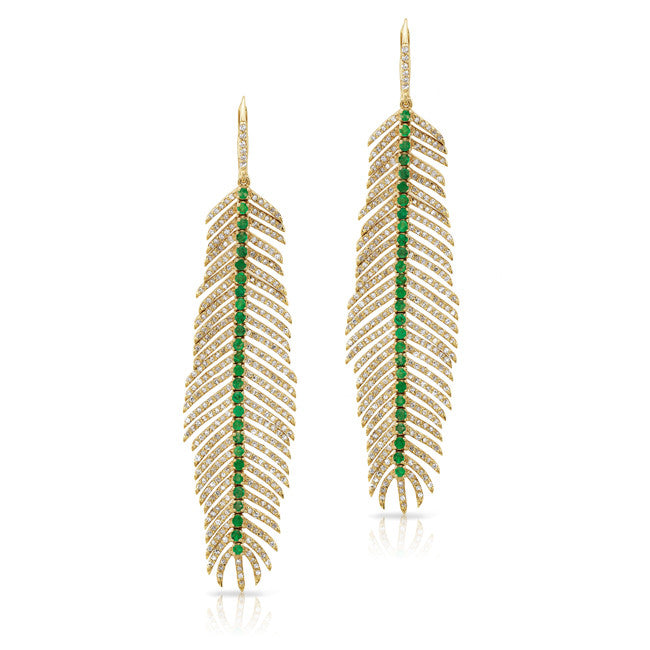14KT Yellow Gold Diamond Emerald Feather Earrings