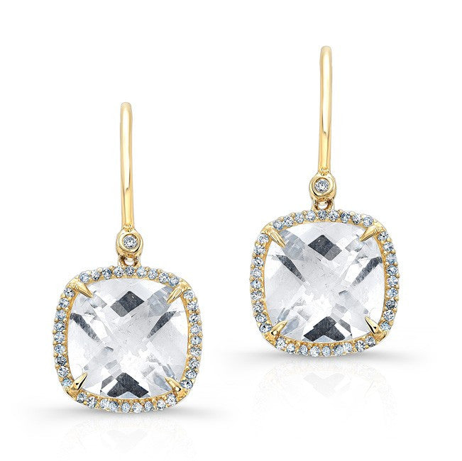 14KT Yellow Gold White Topaz Diamond Cushion Cut Earrings
