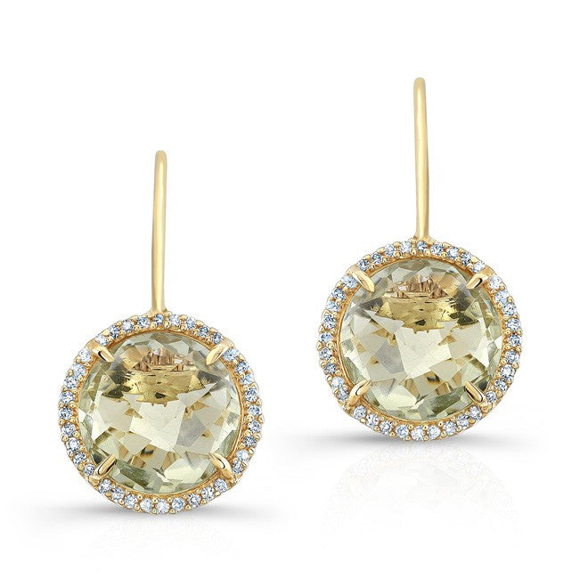 14KT Yellow Gold Green Amethyst Diamond Round Earrings