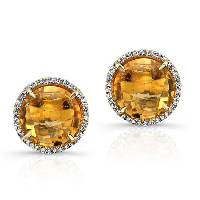 14KT Yellow Gold Citrine Diamond Round Stud Earrings