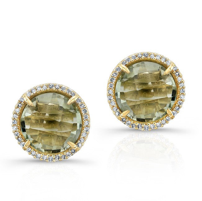 14KT Yellow Gold Green Amyethyst Diamond Round Stud Earrings