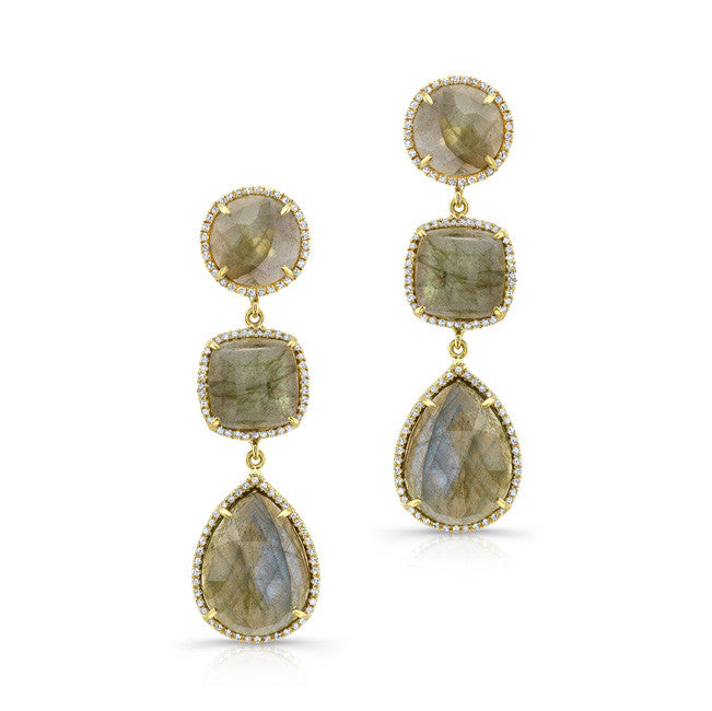 14KT Yellow Gold Labrodorite Diamond Triple Drop Earrings