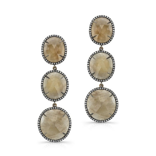 14KT Oxidized Yellow Gold Sapphire Diamond Triple Drop Earrings
