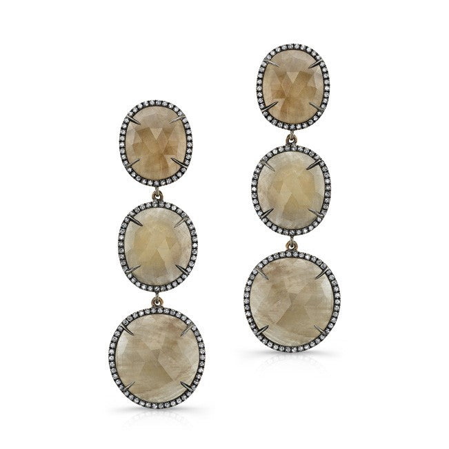 14KT Oxidized Yellow Gold Sapphire Diamond Triple Drop Earrings