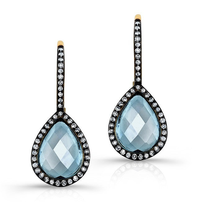 14KT Yellow Gold Blue Topaz Diamond Rose Cut Earrings