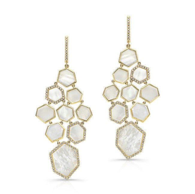 14KT Yellow Gold White Mother of Pearl Diamond Chandelier Earrings