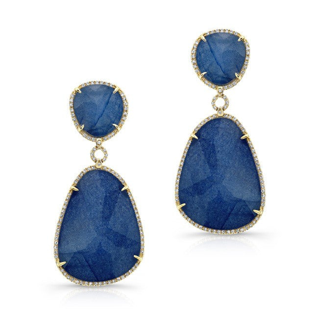 14KT Yellow Gold Blue Sapphire Diamond Organic Shape Earrings