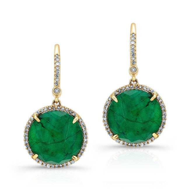 14KT Yellow Gold Emerald Diamond Round Earrings