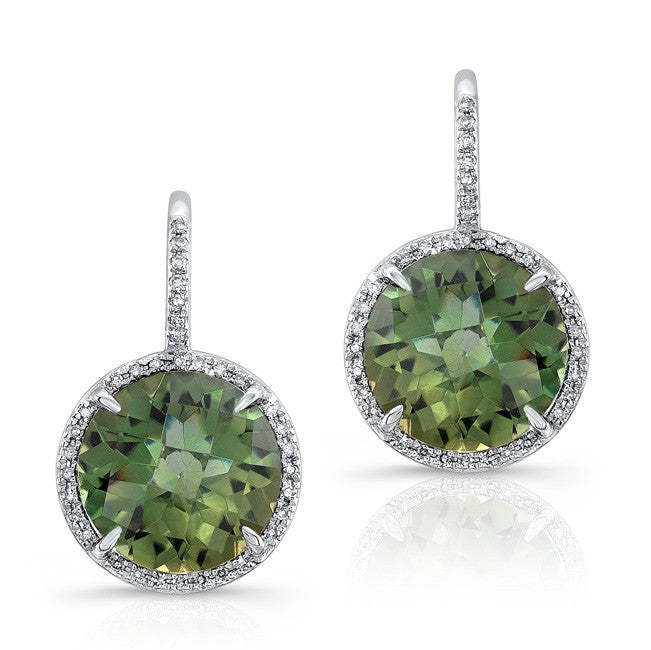 14KT White Gold Green Amethyst Diamond Round Earrings
