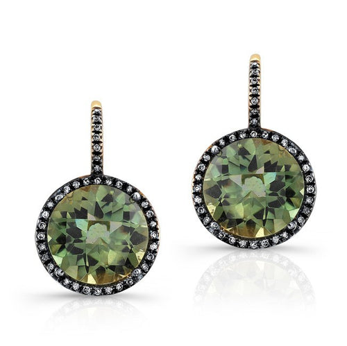 14KT Oxidized Yellow Gold Green Amethyst Diamond Round Earrings