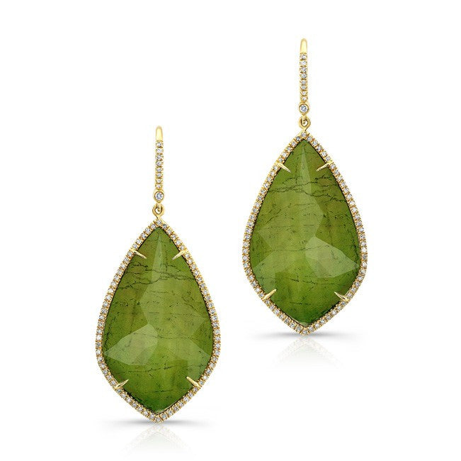 14KT Yellow Gold Yellow Green Tourmaline Diamond Rose Cut Earrings