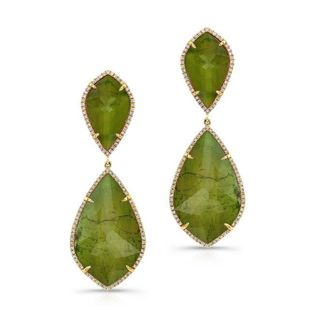 14KT Yellow Gold Yellow Green Tourmaline Diamond Rose Cut Earrings