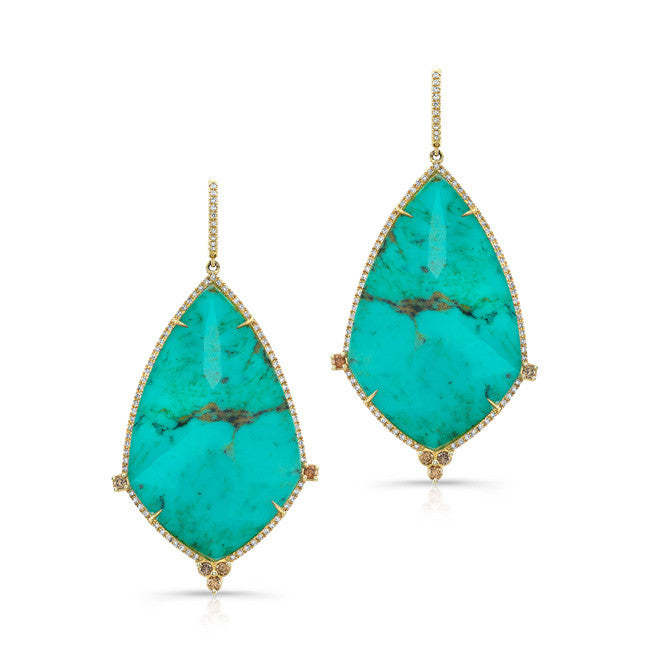 14KT Yellow Gold Turquoise Diamond Free Shape Earrings