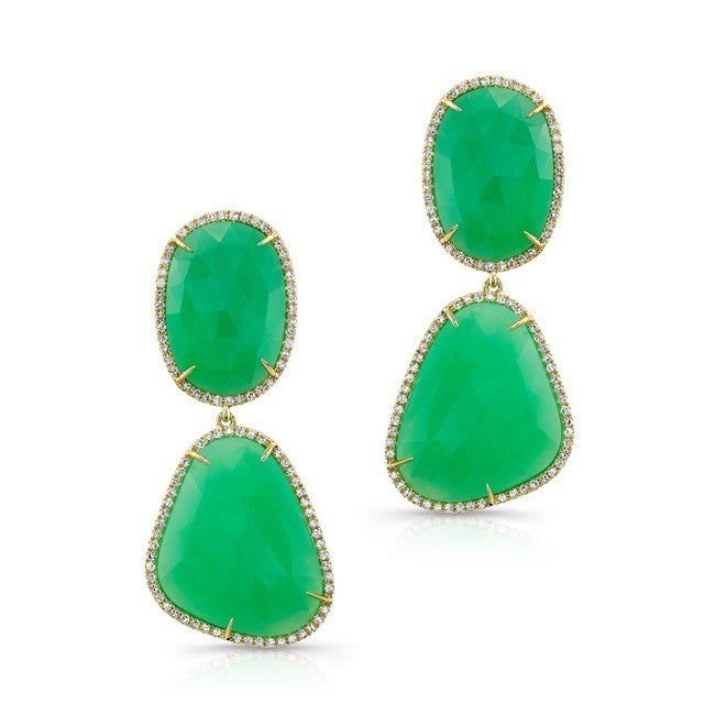 14KT Yellow Gold Chrysoprase Diamond Organic Shape Earrings
