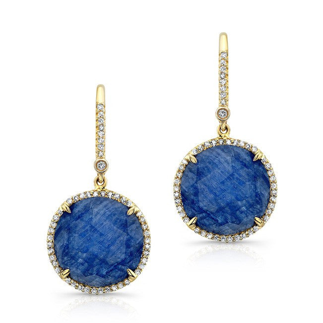14KT Yellow Gold Blue Sapphire Diamond Round Earrings