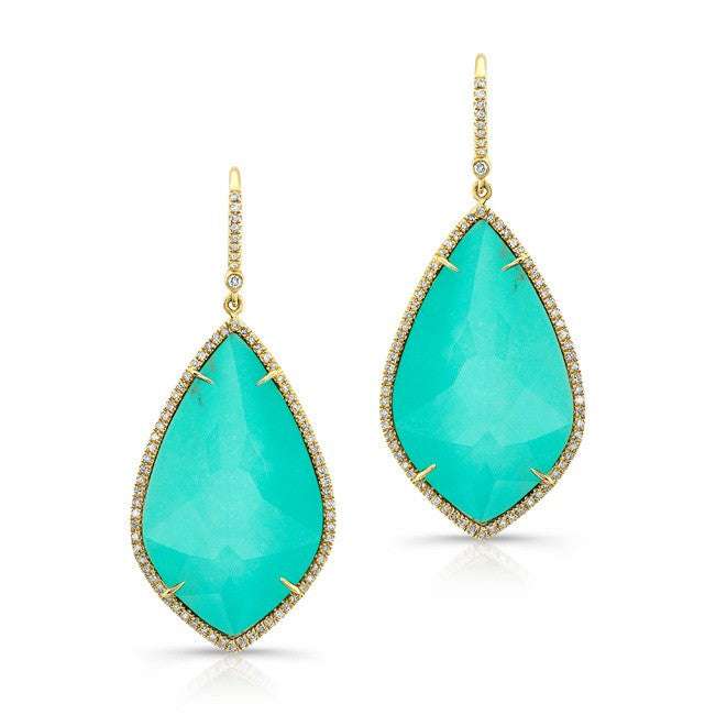 14KT Yellow Gold Turquoise Diamond Rose Cut Earrings