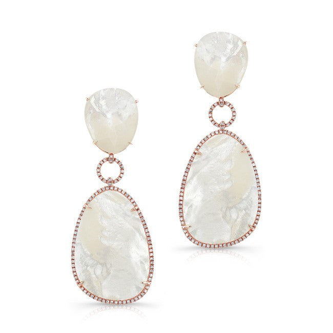 14KT Yellow Gold White Mother of Pearl White Topaz Diamond Drop Earrings