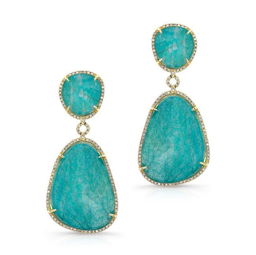 14KT  Yellow Gold Amazonite Diamond Earrings