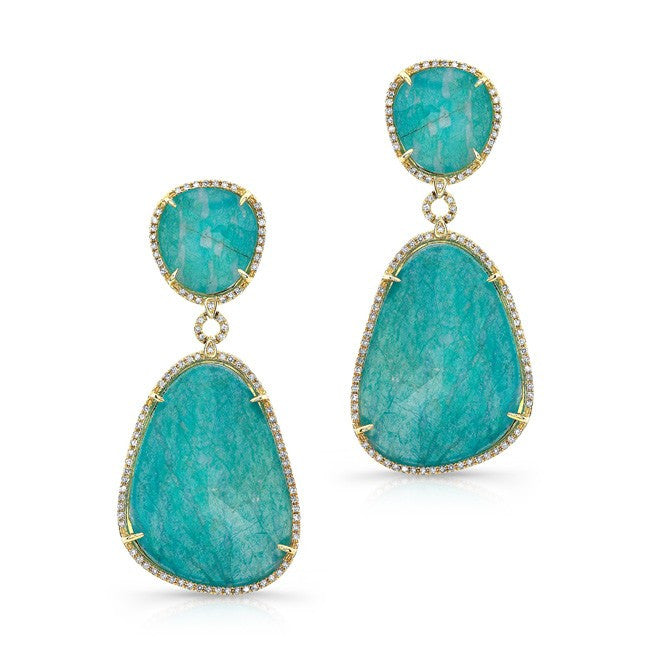 14KT  Yellow Gold Amazonite Diamond Earrings
