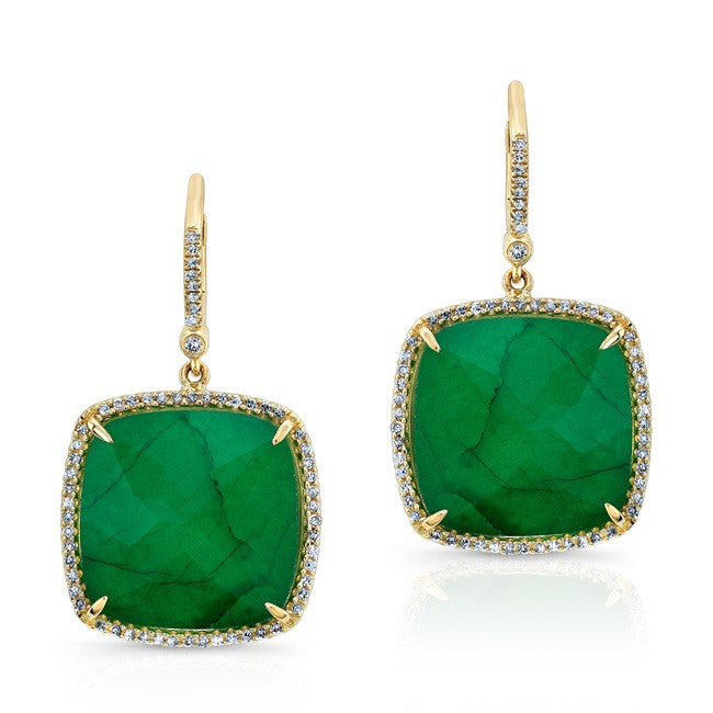 14KT Yellow Gold Emerald Diamond Large Cushion Cut Earrings