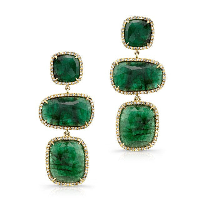 18KT Yellow Gold Emerald and Diamond Triple Drop Earrings
