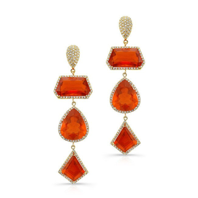 18KT Yellow Gold Fire Opal Diamond Triple Drop Earrings