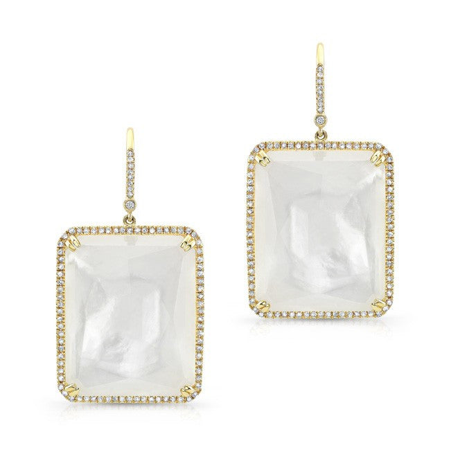 14KT Yellow Gold White Mother of Pearl White Topaz Diamond Rectangle Earrings