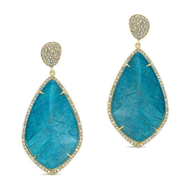 14KT Yellow Gold Blue Apatite Diamond Leaf Shape Earrings