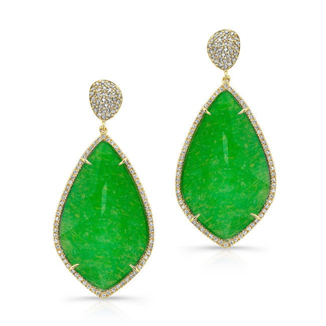 14KT Yellow Gold Jade Diamond Leaf Shape Earrings