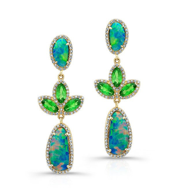 18KT Yellow Gold Opal Tsavorite Diamond Tropical Earrings