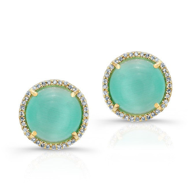 14KT Yellow Gold Aqua Shatoyant Diamond Round Stud Earrings