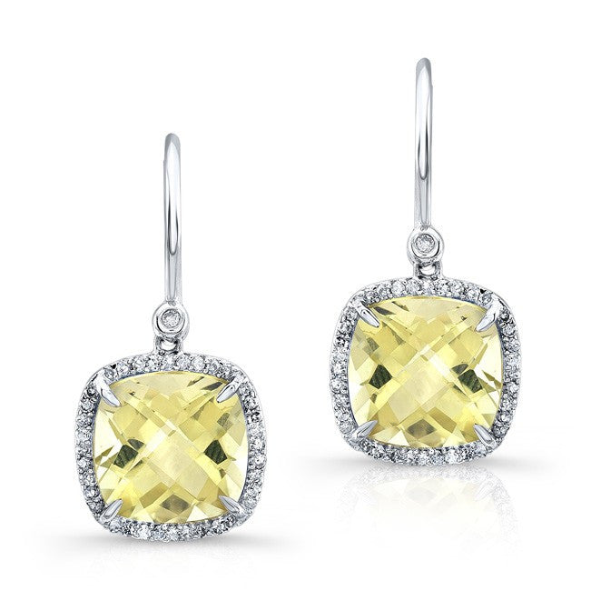 14KT White Gold Lemon Topaz Diamond Cushion Cut Earrings