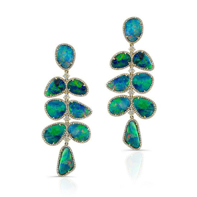14KT Yellow Gold Opal Diamond Drop Earrings