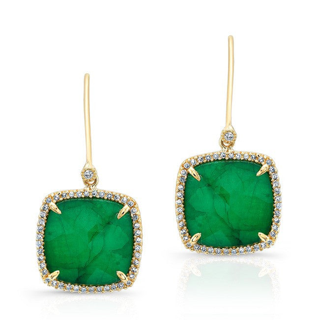 14KT Yellow Gold Emerald Diamond Small Cushion Cut Earrings