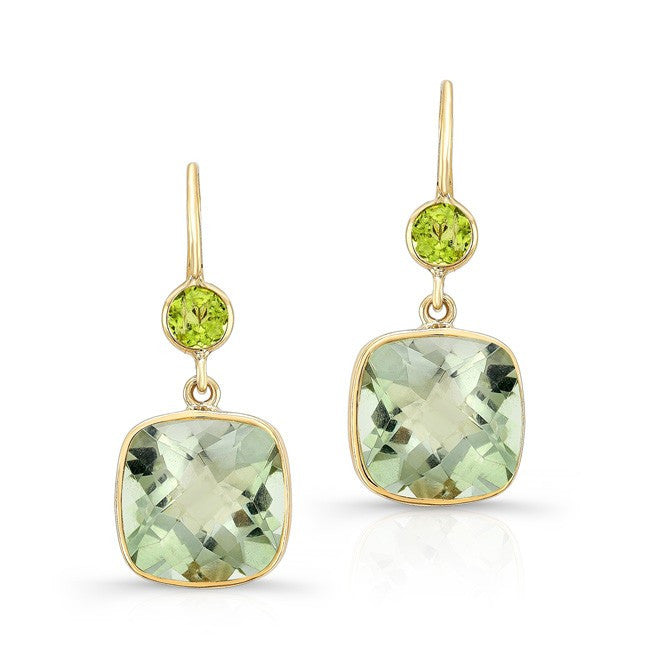 14KT Yellow Gold Green Amethyst Peridot Cushion Cut Earrings